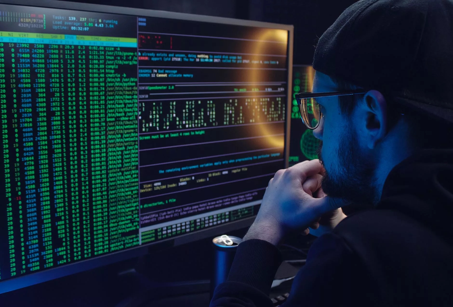 close-up of a system administrator configuring terminal commands on a secure server screen