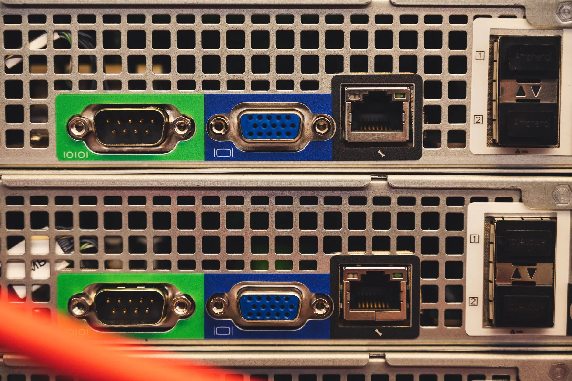 close up of computer server hardware components with cooling fans