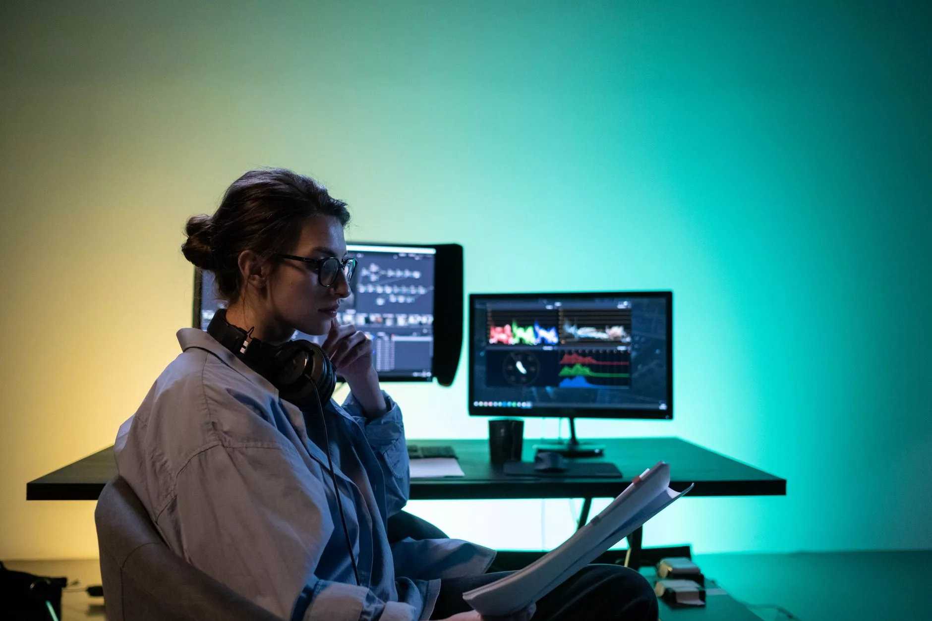 Balancing Speed and Accuracy in AI-Assisted Content Production content creator editing artificial intelligence generated drafts on computer screens